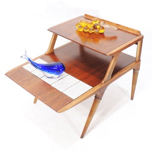 MCM Era Lane Altavista Cosmopolitan Wood Finish Two Tier Tile Inlay Rustic Side End Table