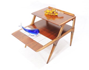 Vintage MCM Era Lane Altavista Cosmopolitan Wood Finish Two Tier Tile Inlay Table