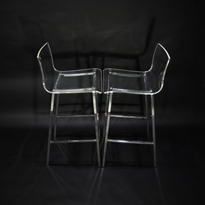 Two Metal Chrome Frame Lucite Seat Counter Top Cocktail Stool Chairs