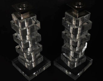 Vintage Set of 2 Modernist Stacked Lucite Metal Cityscape Geometrical Candle Holders