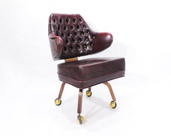 Vintage Mid-Century Era Gasser Tufted Dark Red Vinyl Swivel Rolling Armchair - Sold Individually