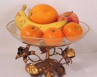 Vintage Gilt Tole Rose Glass Fruit Bowl Candy Dish Italy