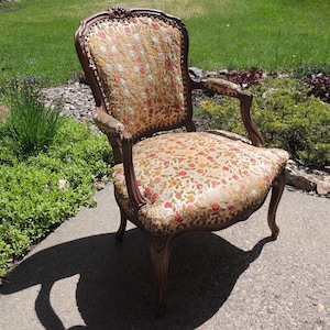 Vintage Rustic French Provincial Empire Carved Wood Frame Floral Hall Armchair