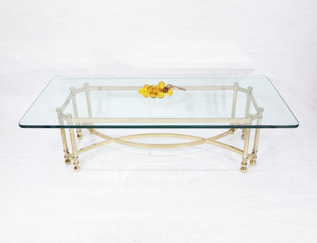 MCM Era Rectangular Glass Top Brass Metal Twisted Pillars Accents