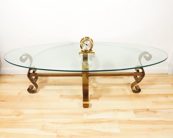 Vintage Hollywood Regency Style Metal Frame Glass Oval Coffee Table