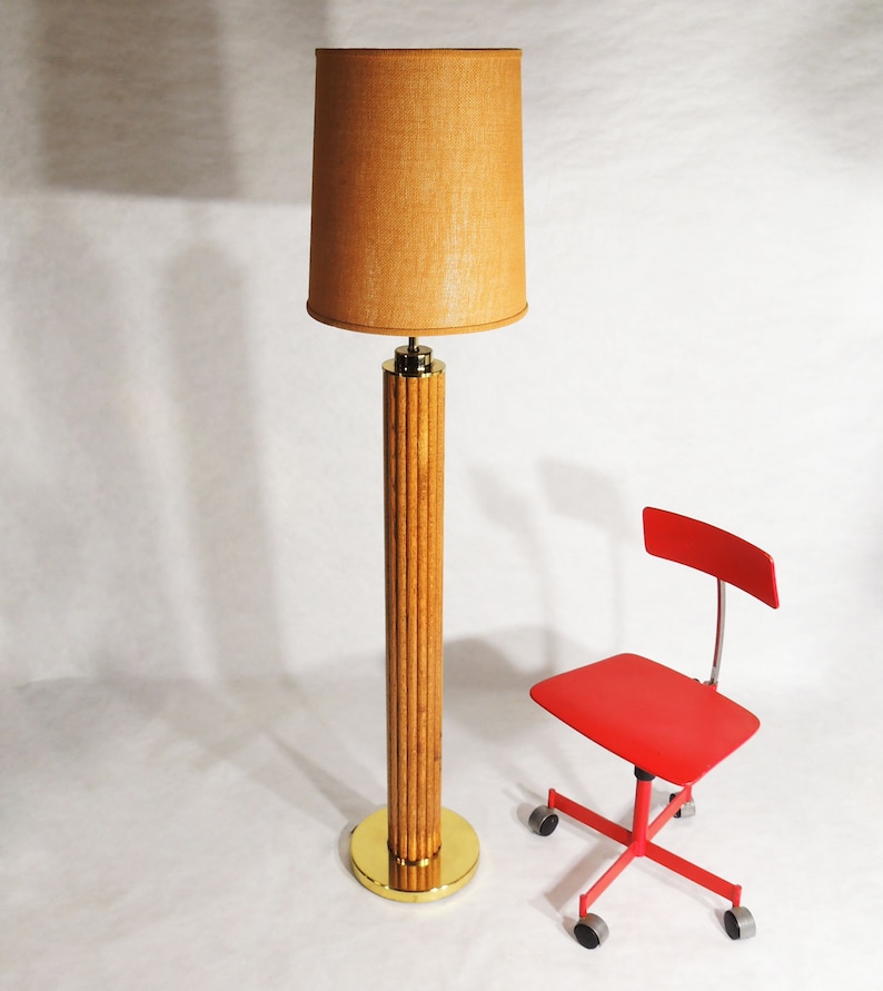 Postmodern Nova Of California Oak Wood Cylinder Floor Lamp with Wicker Rattan Shade
