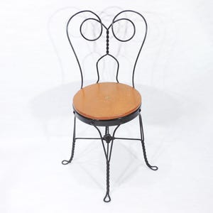 Antique Wrought Iron Metal Wood Seat Ice Cream Parlor Chair
