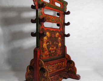 Vintage Oriental Madera Cinabrio Color Rojo Dragón y Calaveras Adornos Soporte de Espada Rústico