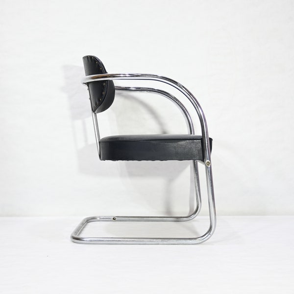 Kem Weber attributed Lloyd Mfg Deco Cantilever Chair Chrome Black Vinyl Machine Age