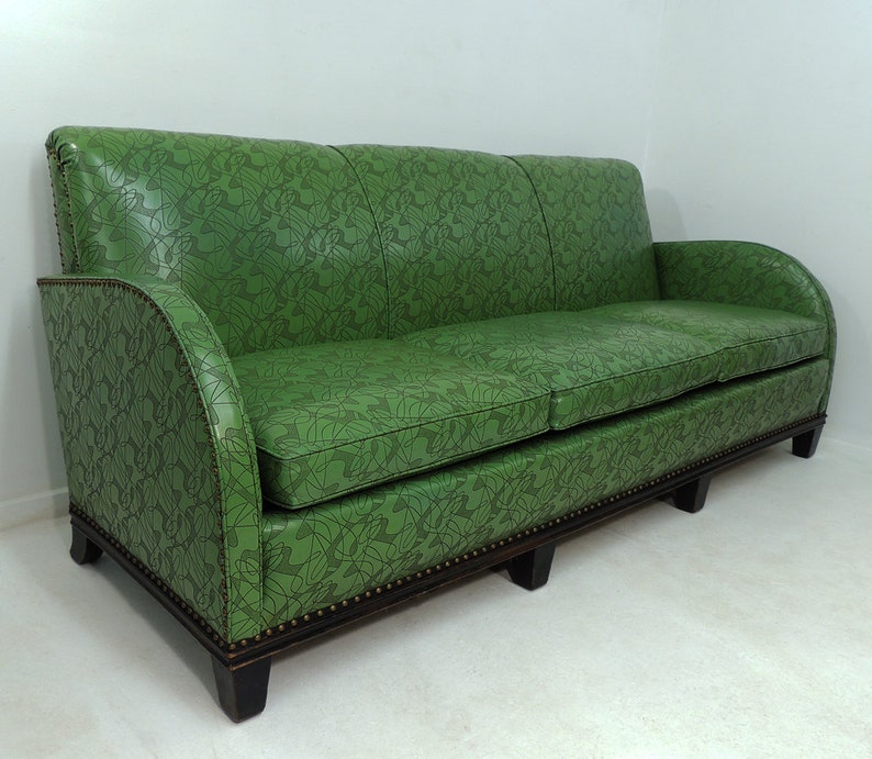 Rare Vintage Art Deco Three Seat Sofa Green Vinyl Nouveau Pattern Couch
