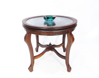Mesa auxiliar redonda vintage con bandeja de té de cristal