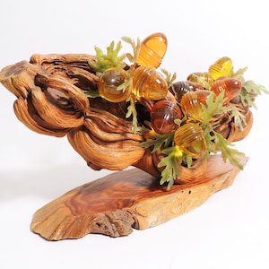 Vintage Lucite Acorns and Leaves Solid Driftwood Centerpiece Sculpture