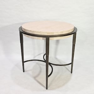 Round Travertine Metal Deco-style Side End Table stand
