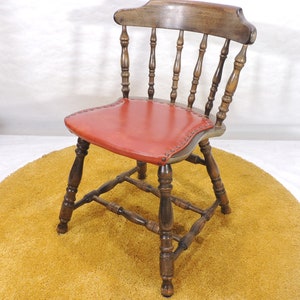 Vintage Windsor Solid Wood Red Vinyl Seat Captain Chair
