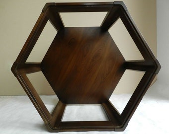 Mid-Century Modern Hexagon Plant Stand Side End Table with Glass Top