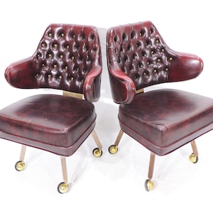 Two Vintage Mid-century Era Gasser Tufted Dark Red Vinyl Swivel