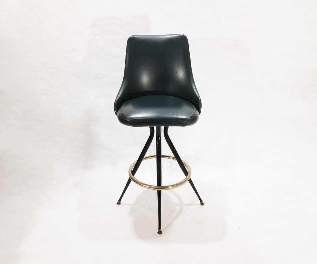 Vintage Dark Teal Vinyl Metal Swivel Bar Stool Etsy