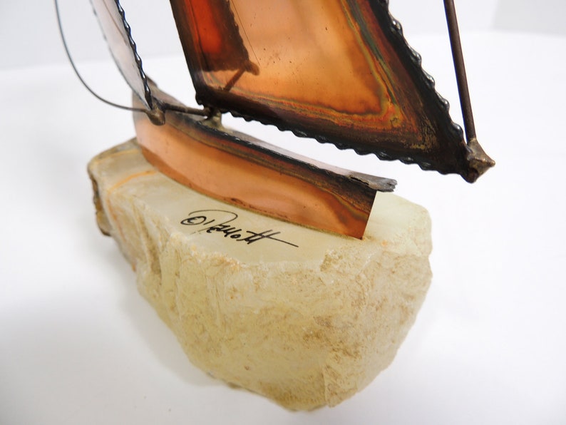 Vintage Mid-Century Modern Brutalist Sailboat Sculpture Paperweight on Marble Base