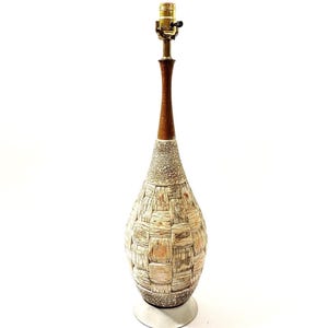 Modernist Era California Wood Stem Chalkware Art Ceramic Table Lamp signed