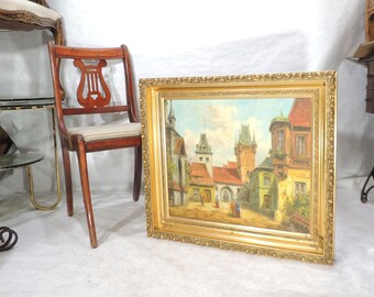 Duits stadsgezicht, olieverfschilderij op canvas, middeleeuwse architectuur, sierlijke vergulde lijst, gesigneerd Spitzer.