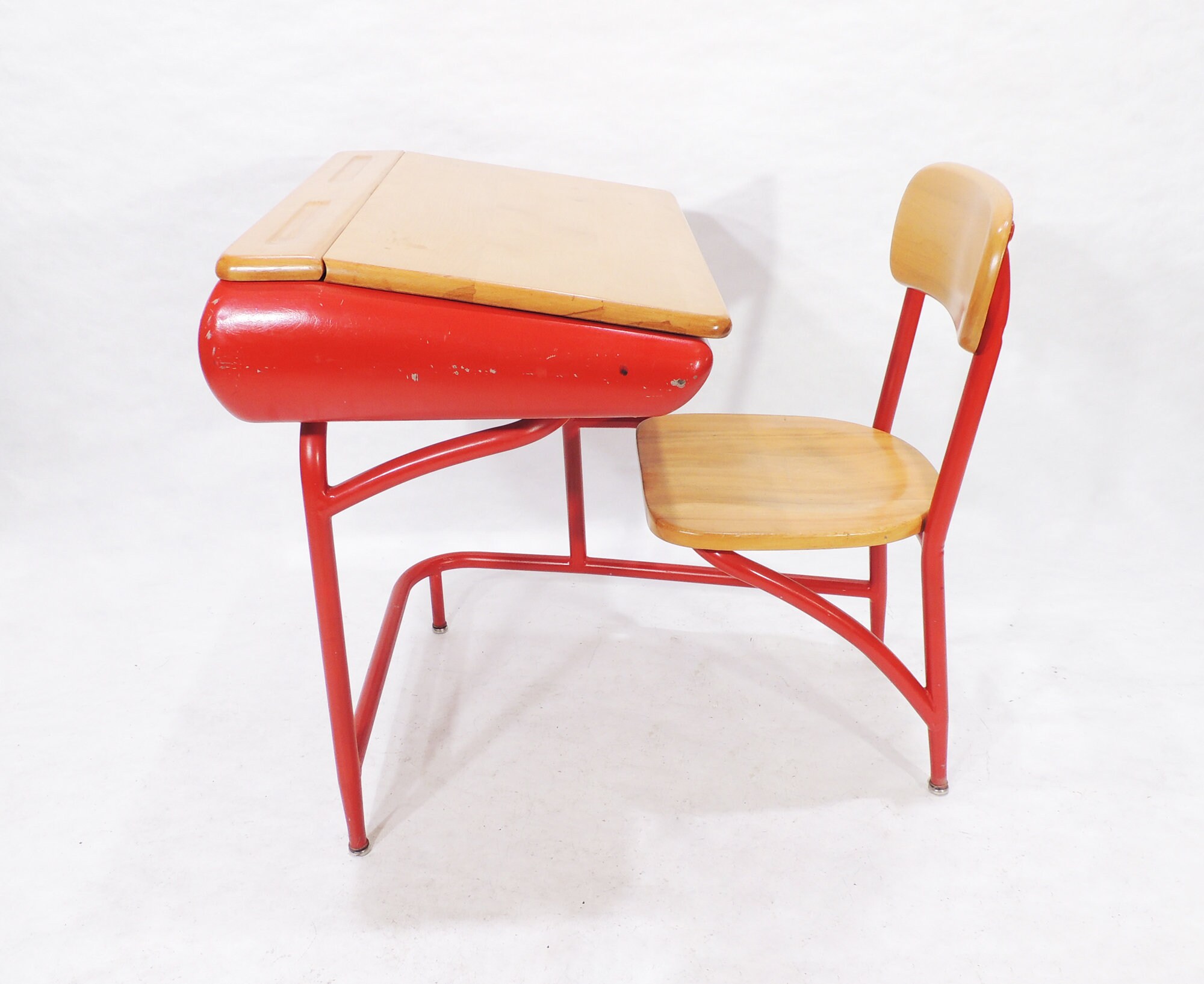 MCM Era Heywood Wakefield Wood Metal Red School One Piece Desk