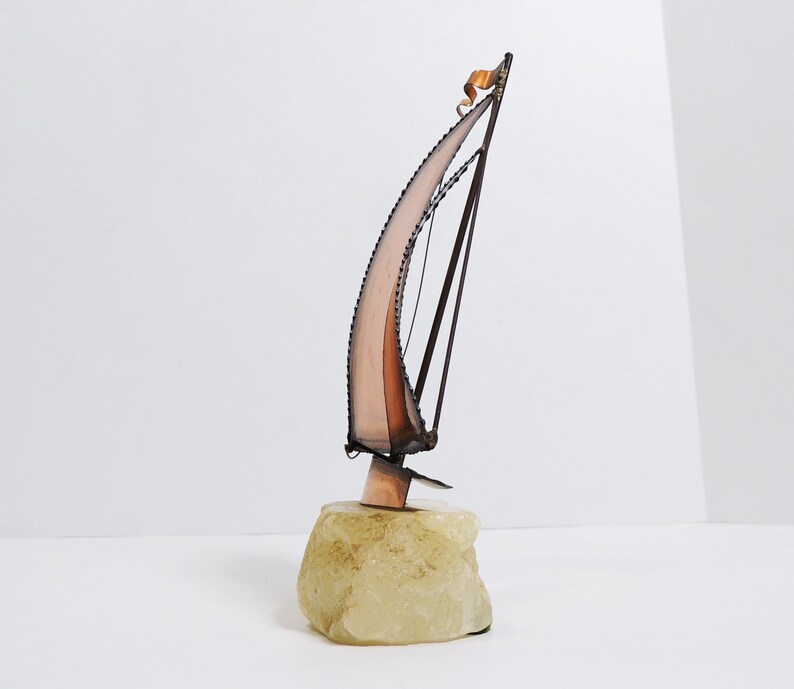 Vintage Mid-Century Modern Brutalist Sailboat Sculpture Paperweight on Marble Base