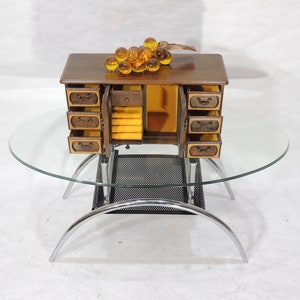 Vintage Oriental Style Wood Yellow Cloth Floral Organizer Jewelry Box Storage