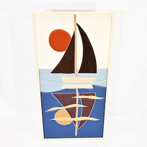 Arte mural modernista vintage de Lee Reynolds Studio, arte textil con veleros firmados