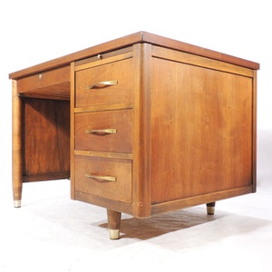 Modernist Era Wood Finish Formica Top Brass Accents Writing Desk with Four Drawers - local pickup