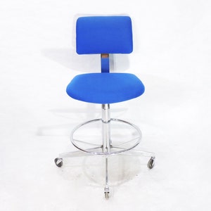 Vintage Steelcase Blue Cloth Metal Swivel Rolling Drafting Stool