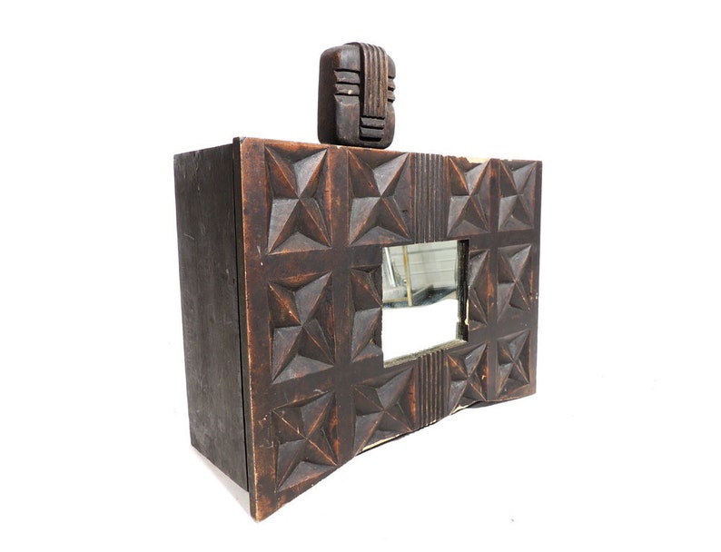 Vintage Brutalist Plywood Robot Head Black Rustic Storage Shelf Cabinet With Mirror - Black Mirror Iron Head Vintage Brutalist Plywood Robot Head Black Rustic Storage Shelf Cabinet With Mirror - Black Mirror Iron Head