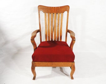 Vintage Missie Deco Hout Rood Fluwelen Lage Fauteuil