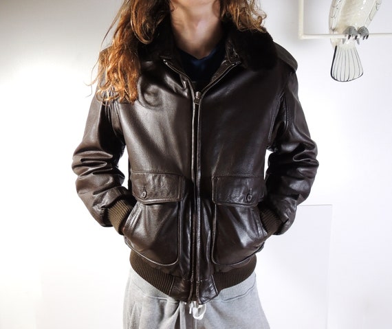Vintage Brown Leather Flight Aviator Jacket mens b