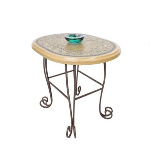 Oval Mosaic Style Mediterranean motif Side Table heavy iron frame