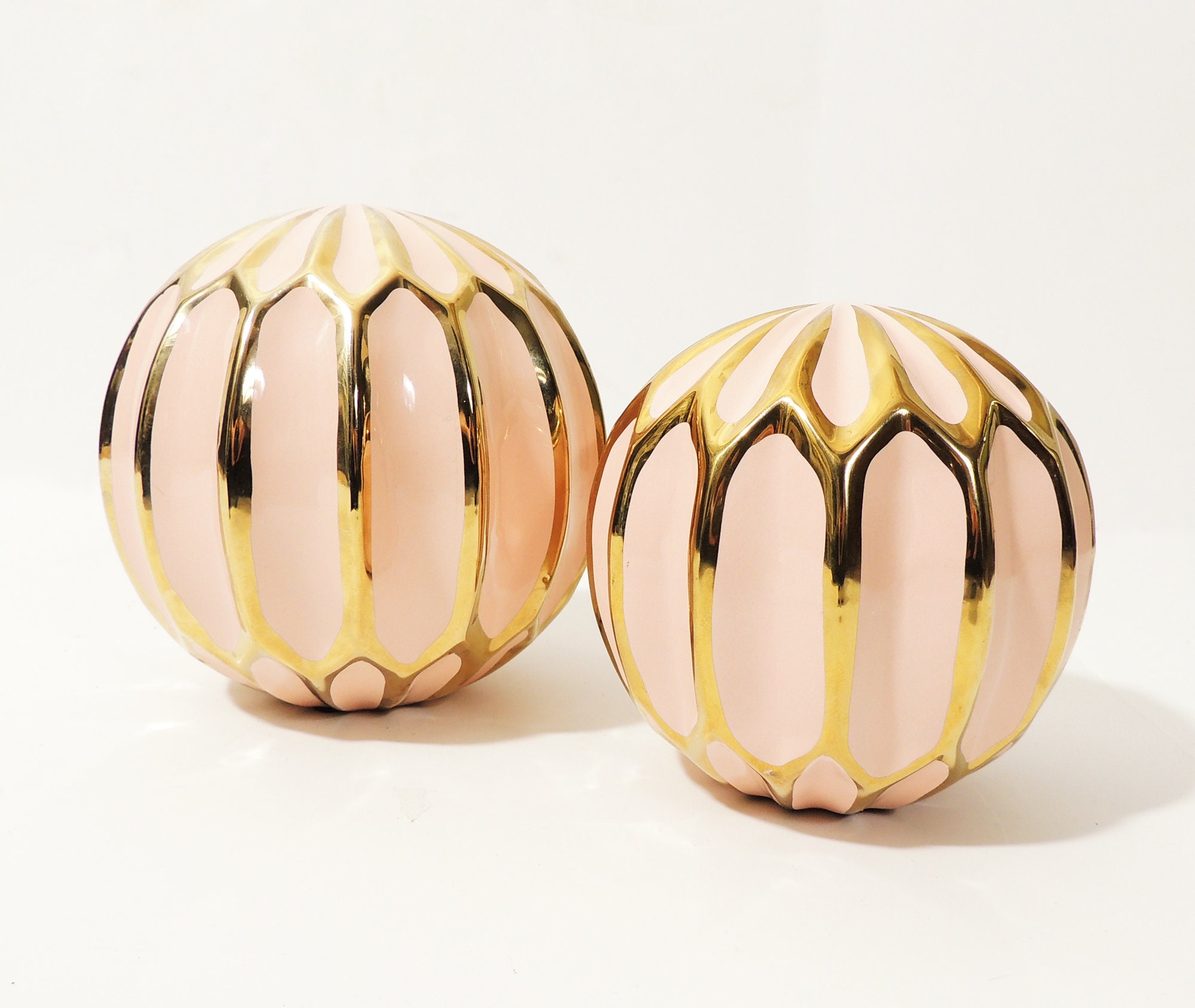 Set Of 2 Vintage Pink Brass Accented Ceramic Spherical Sculptures Objet D'art