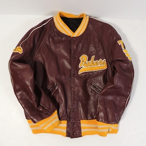 Chaqueta universitaria de cuero marrón de los Packers de MECA vintage con membrete, talla 75, para hombre, L