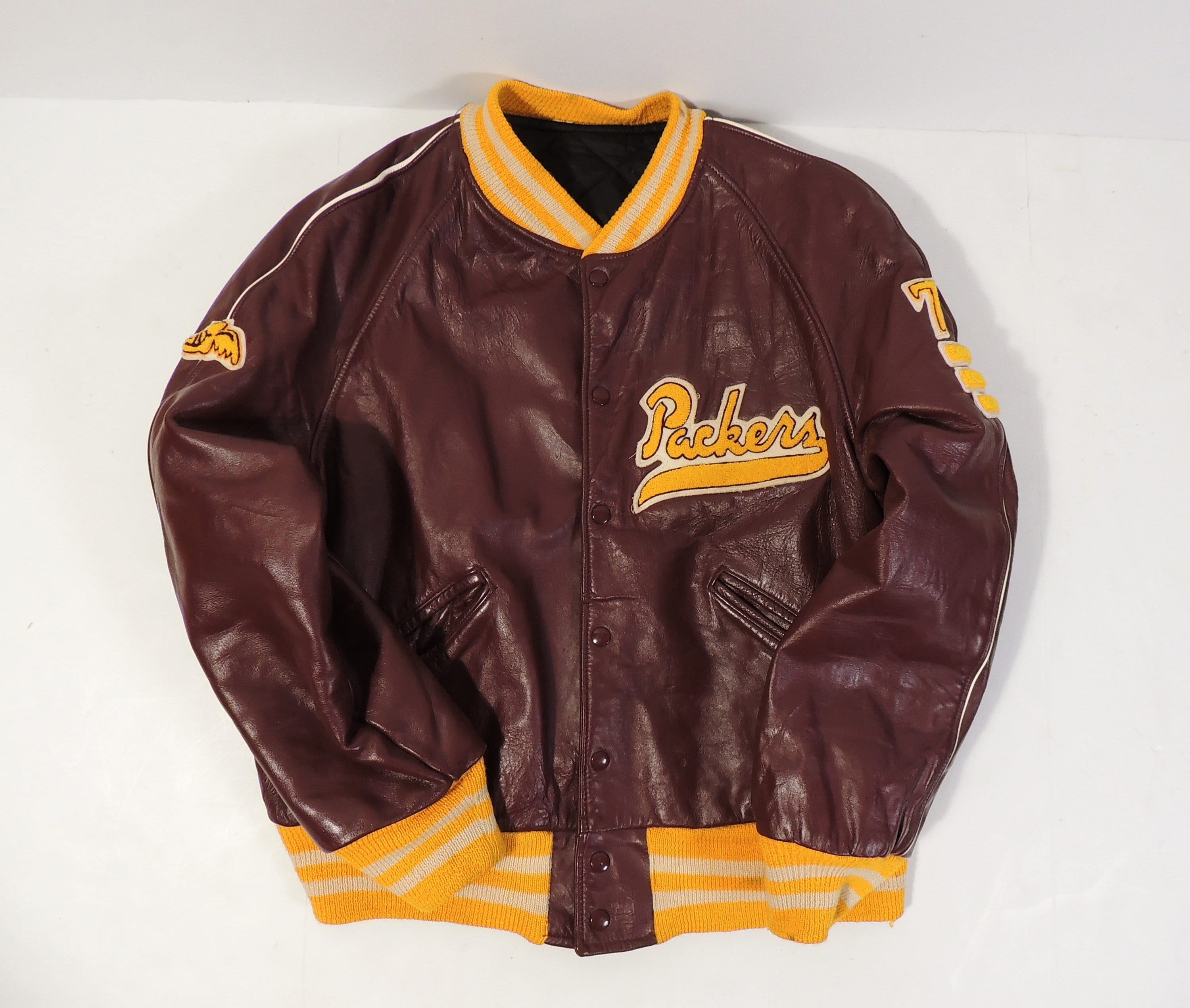 Lockhead Vintage MECA Beat Up Packers Maroon Leather Varsity Letterhead Jacket 75 Mens Size L