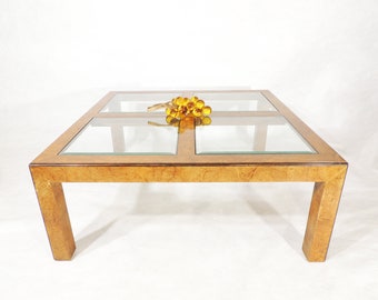 MCM Era John Widdicomb Burl Wood Four Glass Panels Cocktail Table