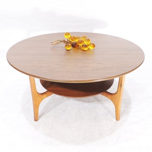 MCM Era Wood Finish Formica Top Shelved Round Cocktail Table