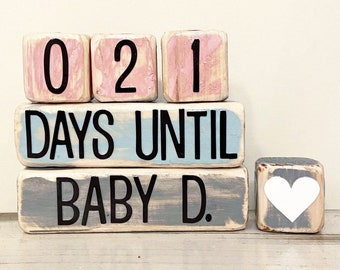 Custom Distressed Wood Pregnancy Countdown Blocks | Days Until Baby | Boy or Girl, Baby Shower, Due Date, Party Gift, Mom-to-Be, Bump