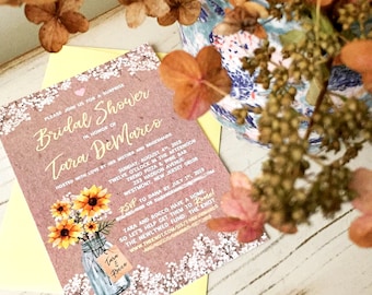 May include: A rustic brown bridal shower invitation with a floral design and the text "Please join us for a surprise Bridal Shower in honor of Tara DeMarco". The invitation includes details about the date, time, location, and RSVP information.