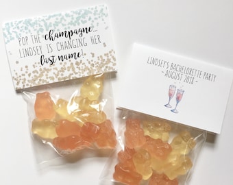 Party Favor Set | Treat Bag + Gift Tag | Champagne Inspired Gummy Bears | Pop The Champagne, Changing Last Name | Bachelorette Shower Weddin