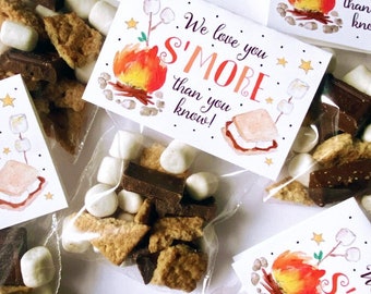 PARTY FAVOR | Gift Tag + Goodie Bag with S'mores Trail Mix | Summer Camping Campfire Theme | Birthday Party, Wedding, Baby Shower, Class