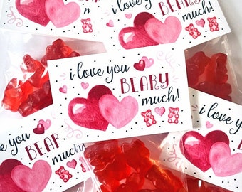 PARTY FAVOR | Gift Tag + Goodie Bag with Gummy Bears | I Love You BEARY Much Theme | Valentine's Love Heart Birthday Wedding Baby Shower