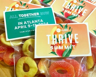 Corporate Promos | Treat Bag + Gift Tag | Gummy Peach Rings | PEACHY Theme | Custom for Business Meeting, College School, Party, Retreat