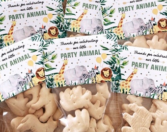 PARTY FAVOR | Gift Tag + Goodie Bag w/ Animal Shaped Cookies | Party Animal Safari Jungle Theme | Birthday Party, Wedding, Shower, Class