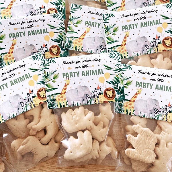 Party Favor Set | Treat Bag + Gift Tag | Animal Crackers | PARTY ANIMAL Theme | Summer Jungle Birthday Wedding Baby Shower Bachelorette