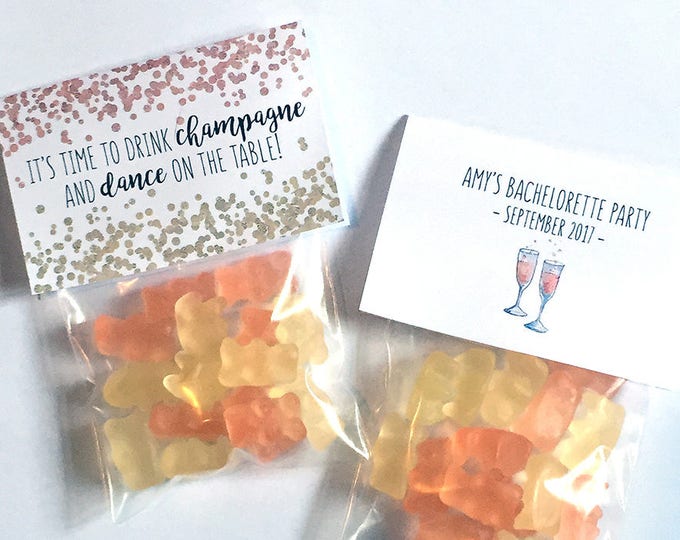 Party Favor Set | Treat Bag + Gift Tag | Champagne Inspired Gummy Bears | Drink Champagne & Dance On Table | Bachelorette, Shower, Wedding