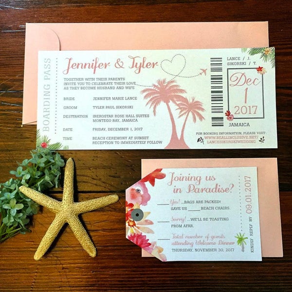Tropical Watercolor Destination Wedding Invitation Package | Plane Ticket Boarding Pass Invite, RSVP Luggage Tag | Tropical Island Beach