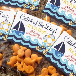 Custom Nautical Themed "Catch of the Day" Gift Card Favor Tag | Goldfish Treat Bag | Personalized Baby Shower, Pool Party, Kids Birthday